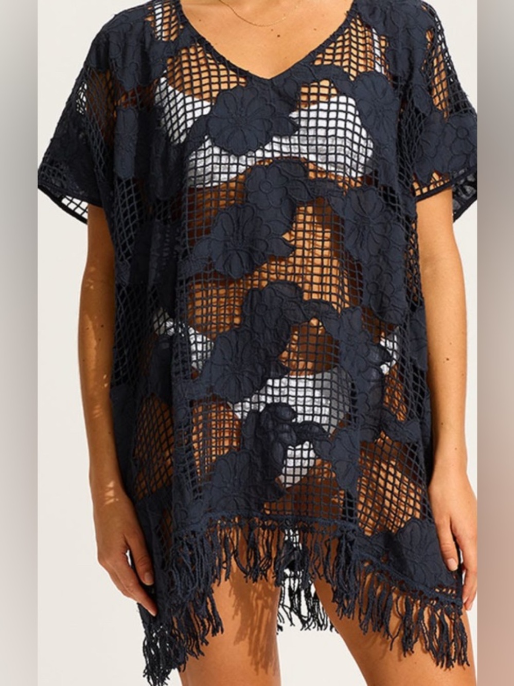 SEAFOLLY AUSTRALIA - Women's Navy Crochet Swim Cover-Up Tunic
